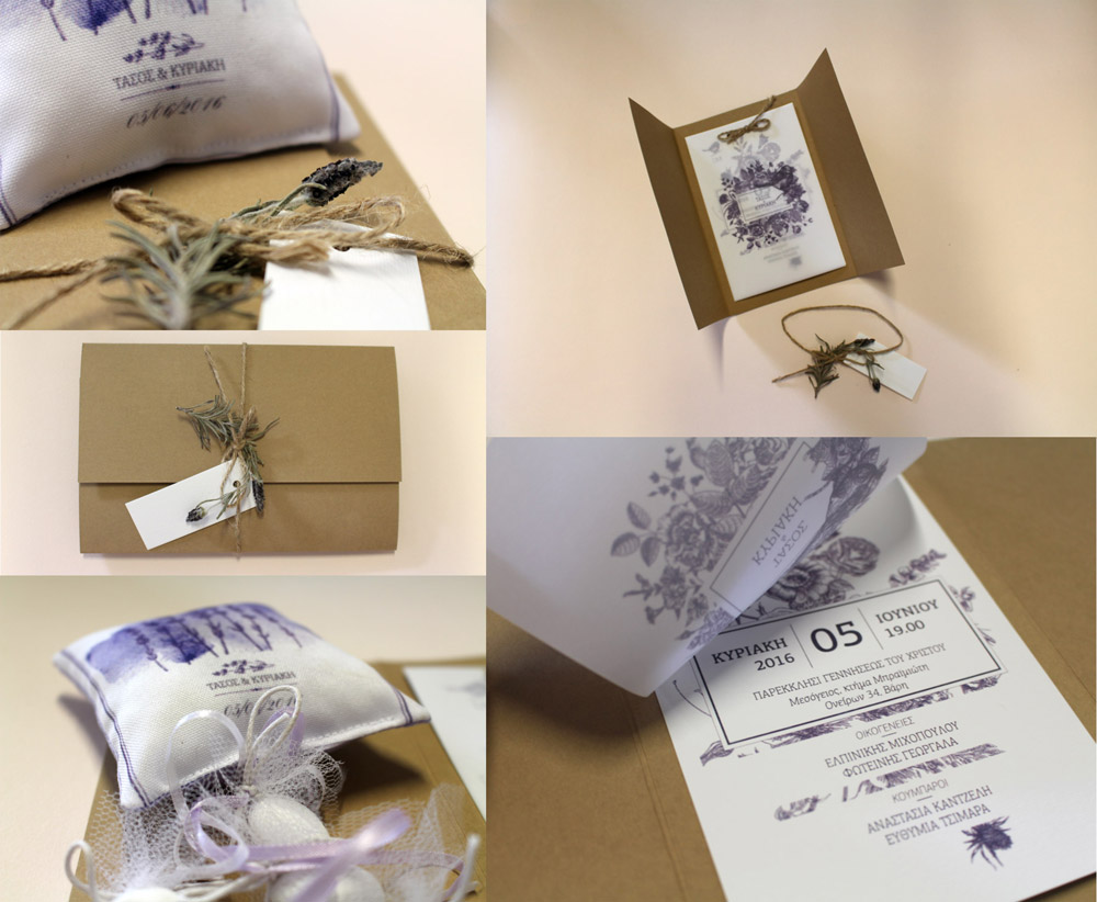 Handmade lavender-themed wedding invitation designed by Poua Design