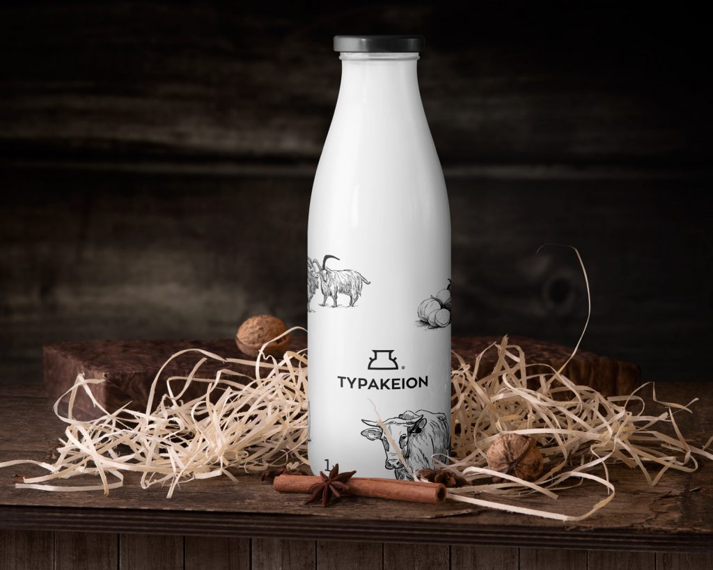 Milk bottle and product packaging for Tyrakeion with the new corporate identity