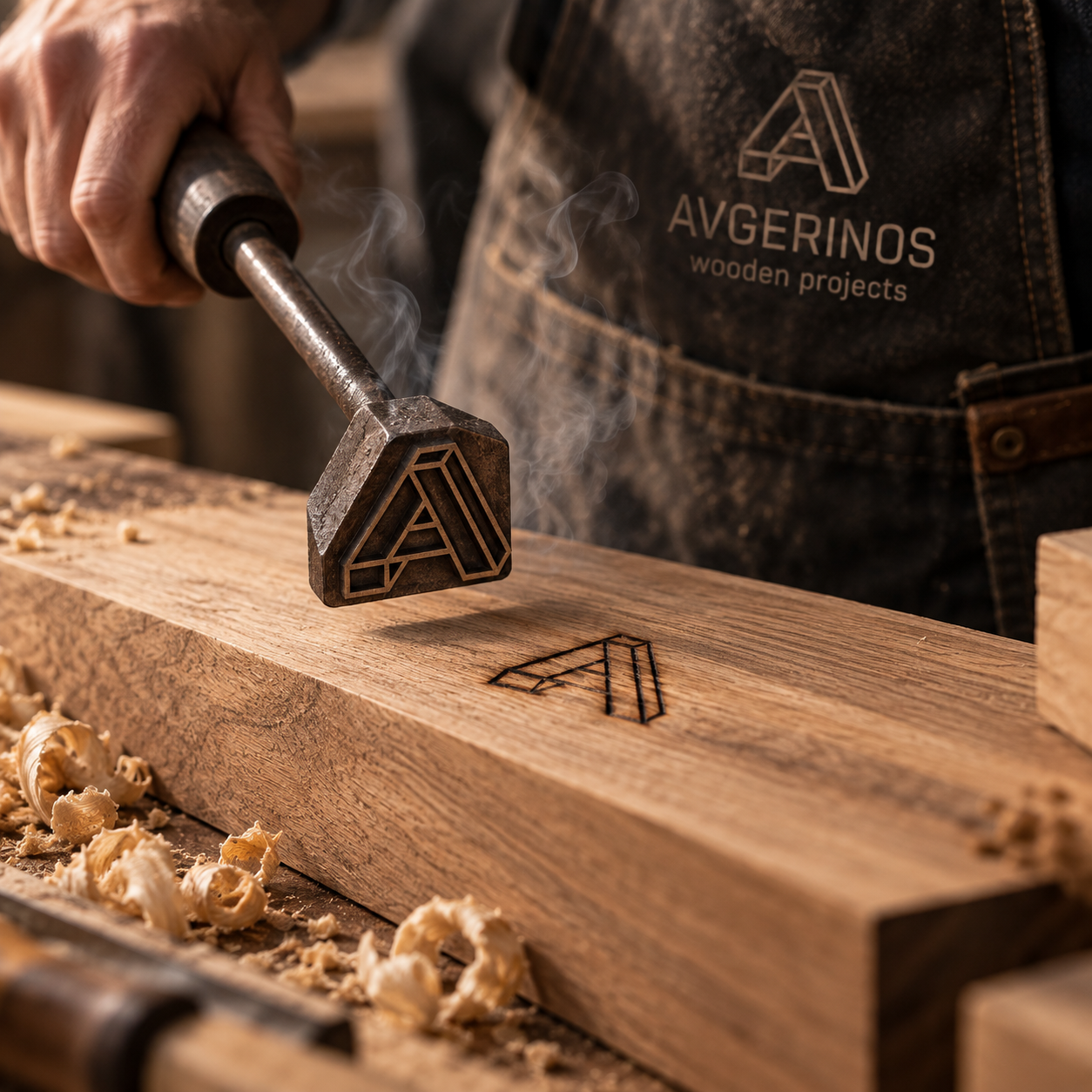 Σφραγίδα λογοτύπου Avgerinos Wooden Projects σε ξύλο — σχεδιασμός λογοτύπου Poua Design