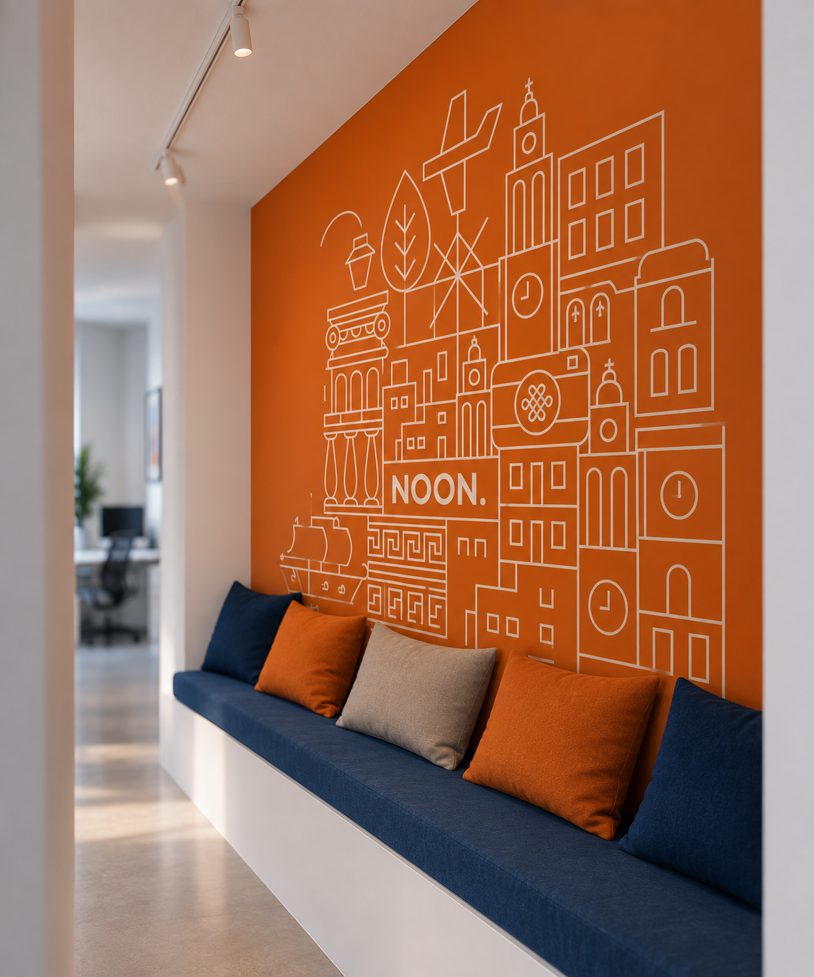 Wall mural with a line sketch of a city and the Noon logo on an orange wall — interior graphics by Poua Design
