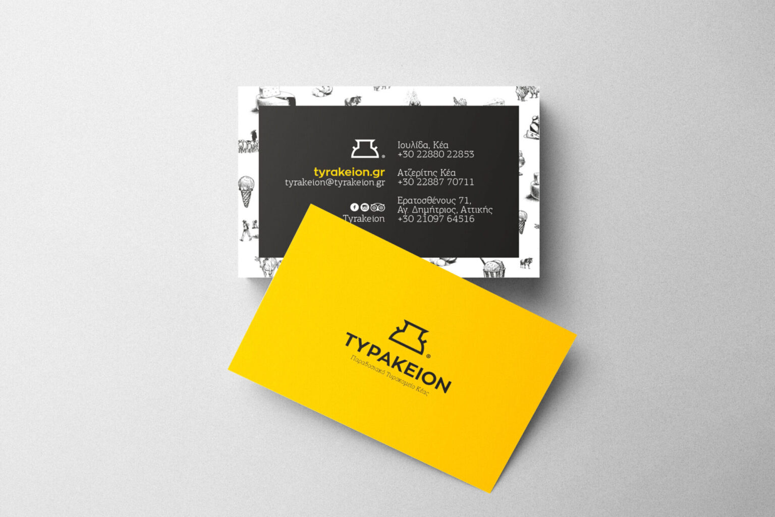 Yellow Tyrakeion business cards — corporate identity by Poua Design
