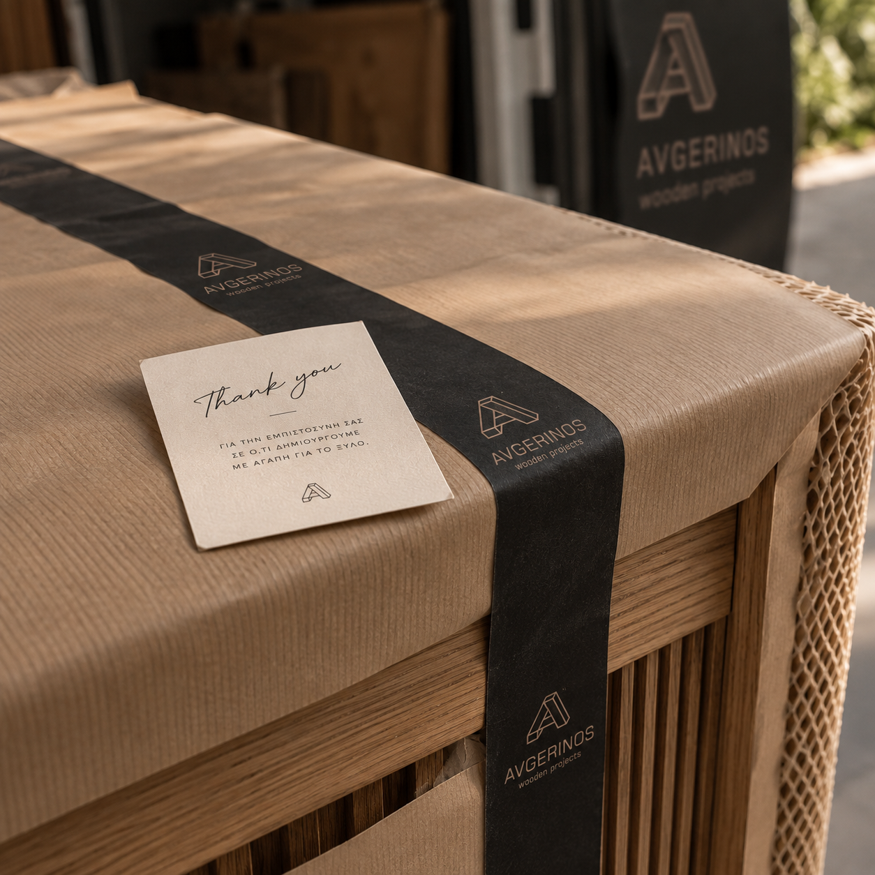 Χαρτί περιτυλίγματος και κάρτα με το σήμα Avgerinos Wooden Projects — packaging Poua Design